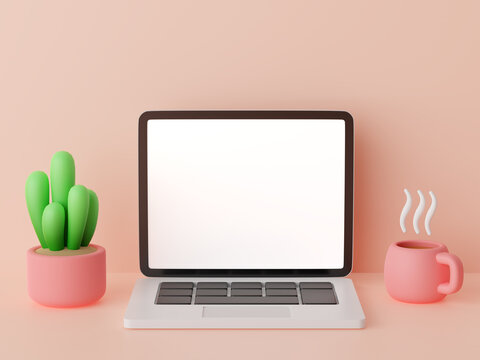 Minimal style cartoon laptop with blank white screen on pink table decorated with succulent plant in pot and cute coffee cup 3d rendering illustration
