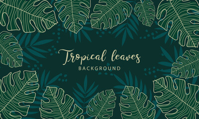 green tropical line art leaves background