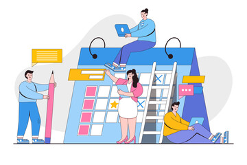 Planning schedule and calendar concept with people characters. Outline design style minimal vector illustration for landing page, web banner, infographics, hero images