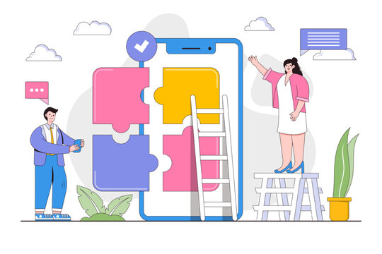 People make smartphone app with puzzle and people characters concept. Outline design style minimal vector illustration for landing page, web banner, infographics, hero images