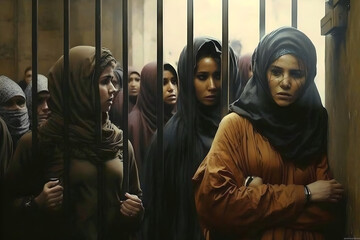 Brave iranian or muslim women behind bars in prison or detention, tortured and scared, for fighting for their human rights, screaming and yelling for justice for women in the arab and muslim world