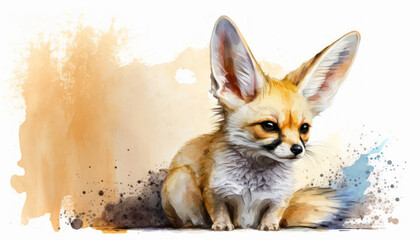 Obraz premium Little Cute Fennec fox watercolor paint on white. Generative AI
