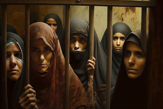 Brave iranian or muslim women behind bars in prison or detention, tortured and scared, for fighting for their human rights, screaming and yelling for justice for women in the arab and muslim world