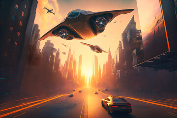 Futuristic flying aircraft, hovering over a future city with skyscrapers and beautiful skyline, drones with modern cars, at sunset or sunrise, synthwave retro look, red and orange nostalgic look
