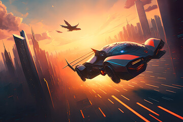 Futuristic flying aircraft, hovering over a future city with skyscrapers and beautiful skyline, drones with modern cars, at sunset or sunrise, synthwave retro look, red and orange nostalgic look