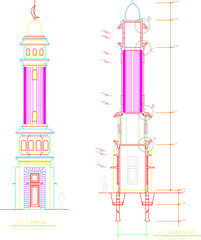 Vector illustration sketch of view and cut of minaret of a muslim place mosque