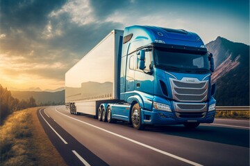 Obraz na płótnie Canvas blue semi truck driving down a highway. generative ai.