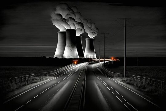 Ferrybridge Coal burning power station near Pontefract and Castleford, England, with the M62 highway illuminating its approach at night. Every single chimney and cooling tower. Generative AI