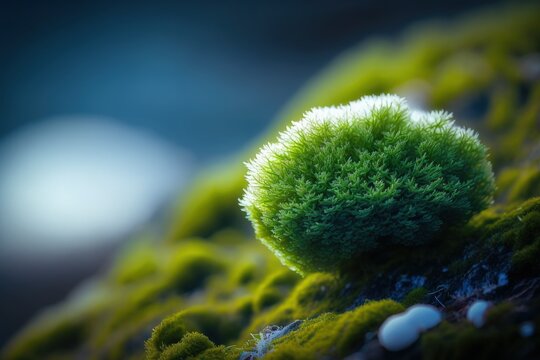 Wonderful natural scenery. Soft focus close up of a moss detail. Generative AI