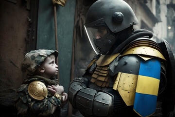 Ukranian hero soldiers protecting kids and familys and comforting them in the frontline of the war with russia, love and compassion by real saviours.