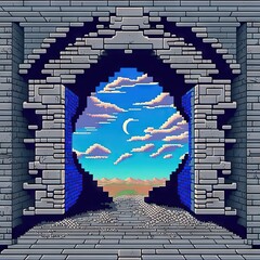 Dimensional Portal Illustrated in 16 bit Pixel Art Style, showing a passage through different worlds, like a videogame, or an ancient culture, generative ai
