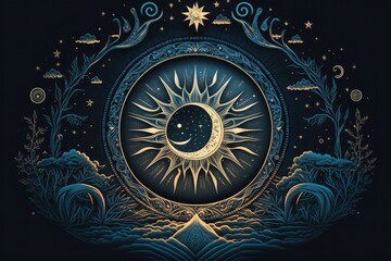 Mystical bohemian backdrop, with a starry night sky, a crescent moon, a starry night sky, a starry night sun, a starry night moon, stars, and a concentric circle. Artistic take on an occult banner th