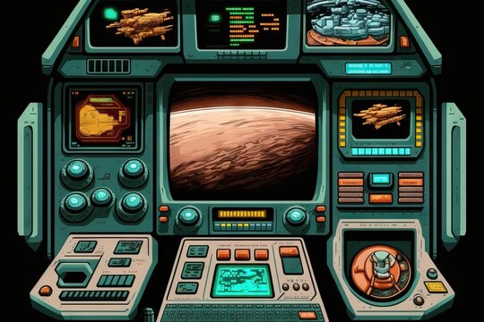 Spaceship Control Panel from Command Center in the space through galaxies, coloured in 16 bit videogame style, generative ai