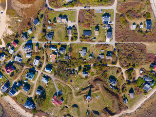 Gurnet Lighthouse and village of Gurnet Point aerial view in fall at the Plymouth Bay in Plymouth, Massachusetts MA, USA. 