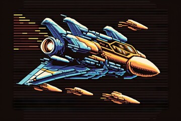 Future Spaceships from the 80's illustrated in 16 bit videogame style design, generative ai