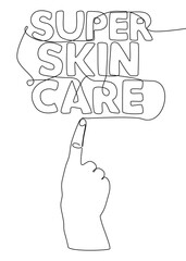 One continuous line of hand with Super Skin Care word. Thin Line Illustration vector concept. Contour Drawing Creative ideas.
