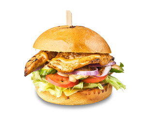 Classic-chicken-burger,-Tasty-fresh-Cheeseburger,-fast-food-concept-with-vegetables,-transparent-background