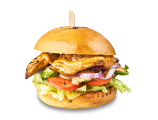 Classic-chicken-burger,-Tasty-fresh-Cheeseburger,-fast-food-concept-with-vegetables,-transparent-background