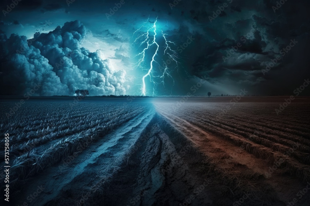 Poster lightning and thunder in a freshly plowed field. stormy weather in the background. generative ai