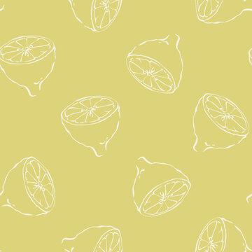 Hand drawn lemon seamless pattern with outline lemon halves on yellow background