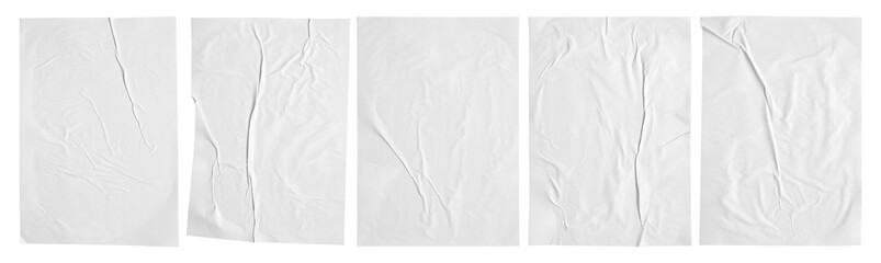 white paper wrinkled poster template ,blank glued creased paper sheet mockup.  clipping path.
