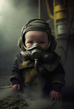 Baby Toddler Wearing Futuristic Gas Face Mask Apocalypse Utopia Toxic Air, Generative Ai