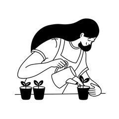 Woman watering seedlings in flowerpots, growing plants or vegetable seeds at home indoor farming