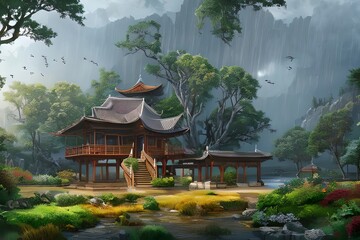 Full Highly detailed painting Illustration of beautiful travel place when it rains