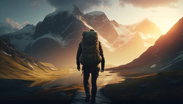 A lone hiker treks at sunrise, the mountain peak ahead beckoning