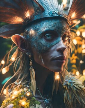 magical elven woman in mask with feathers