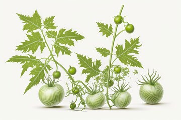 Isolated on a white background, a close up of few green tomato plants in containers. A young tomato plant. Banner advertising the cultivation of vegetables. natural and organic tomato cultivation