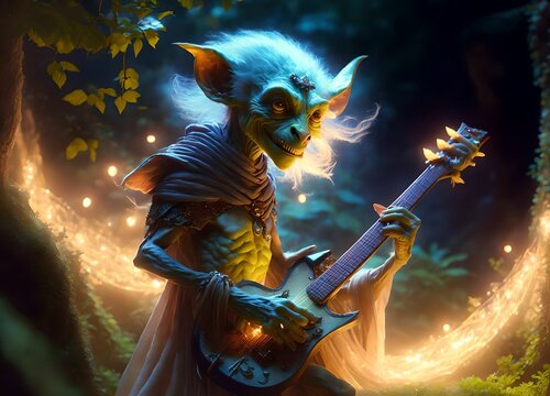 magical forest creature playing a magic guitar