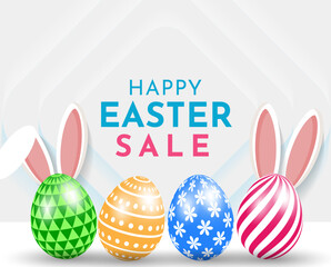 Happy easter banner template with colorful eggs and rabbit ears.