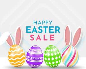 Happy easter banner template with colorful eggs and rabbit ears.
