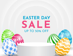 Happy easter banner with product display cylindrical shape and colorful eggs.