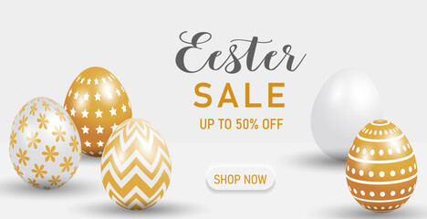Happy easter banner template with luxury gold color tone and gold eggs.