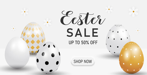 Happy easter banner template with white, black and gold, and minimalist design eggs.