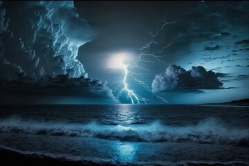 Lightning in the sky above the stars. There is a lighting storm above the ocean tonight. Generative AI