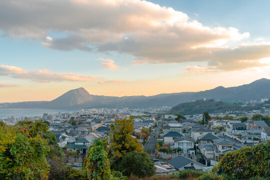 Sunset view of Beppu city and sea in Oita, Japan