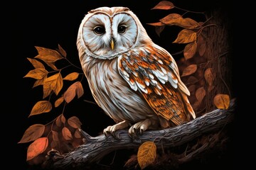 A likeness of an owl that spends its autumns in the woods. Aluco strix. Generative AI