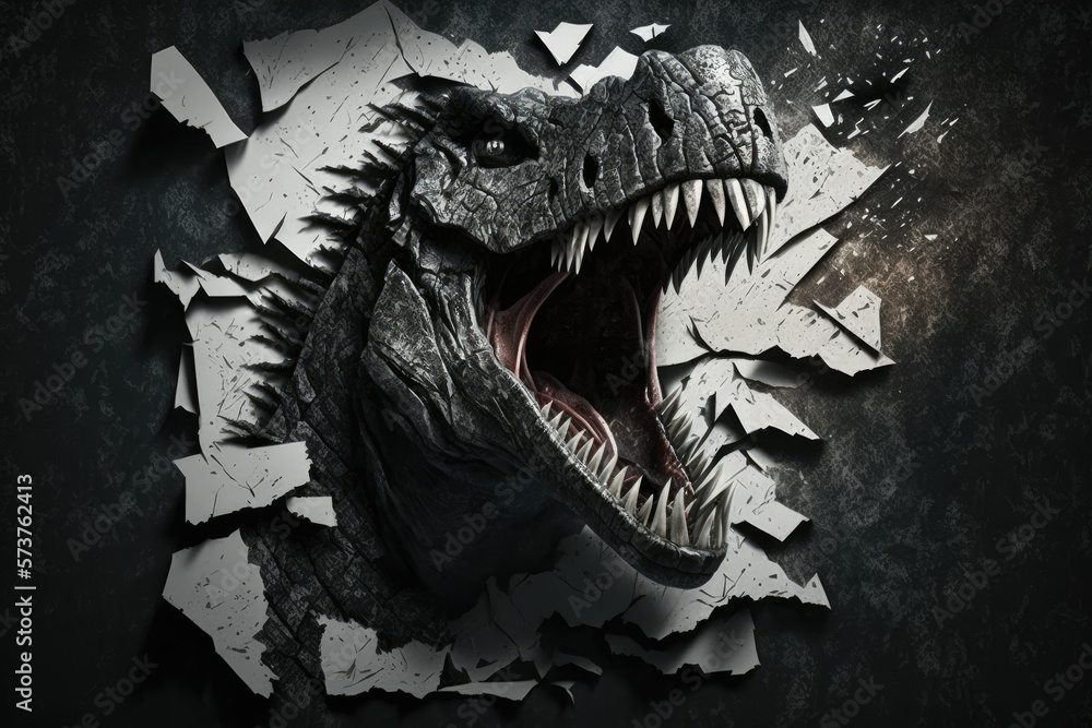 Poster an enraged t rex figurine emerges from a sheet of torn paper in this up close photograph. frightful 