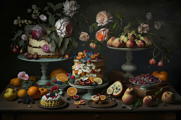 Fototapeta na wymiar a table topped with cakes and fruit covered in icing and flowers and leaves and fruit on top of each cake, generative AI