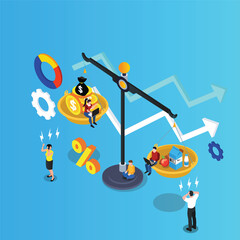 Scales with food and gold coins. Goods and services costs 3d isometric vector illustration concept for banner, website, landing page, ads, flyer template