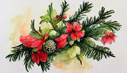 Watercolor Christmas floral bouquet, Hand drawn botanical winter plants, Poinsettia flower. Generative Ai
