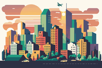 Naklejka premium Colorful landscape city center with lots of buildings