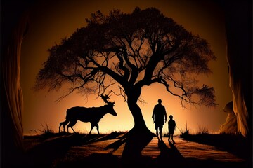 Fototapeta na wymiar man standing next to a deer next to a tree. generative ai.