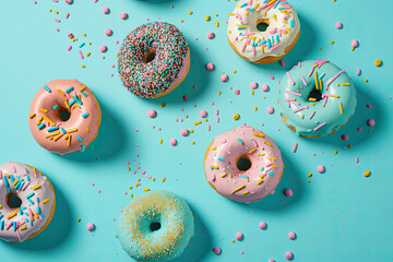 Sprinkled donuts, sweet food on pastel blue background, generative AI