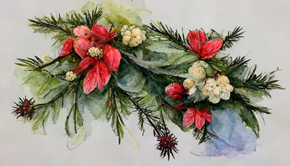 winter bouquet of poinsettia flowers and fir branches on an isolated white background, watercolor. Generative Ai illustration