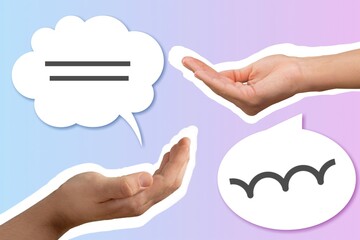 Two arms and communication bubble on color background