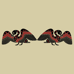 Symmetrical design with two waterfowl birds with open wings. Swans, ducks or gooses. Ancient Greek vase painting animal motif. Ethnic folk style.
